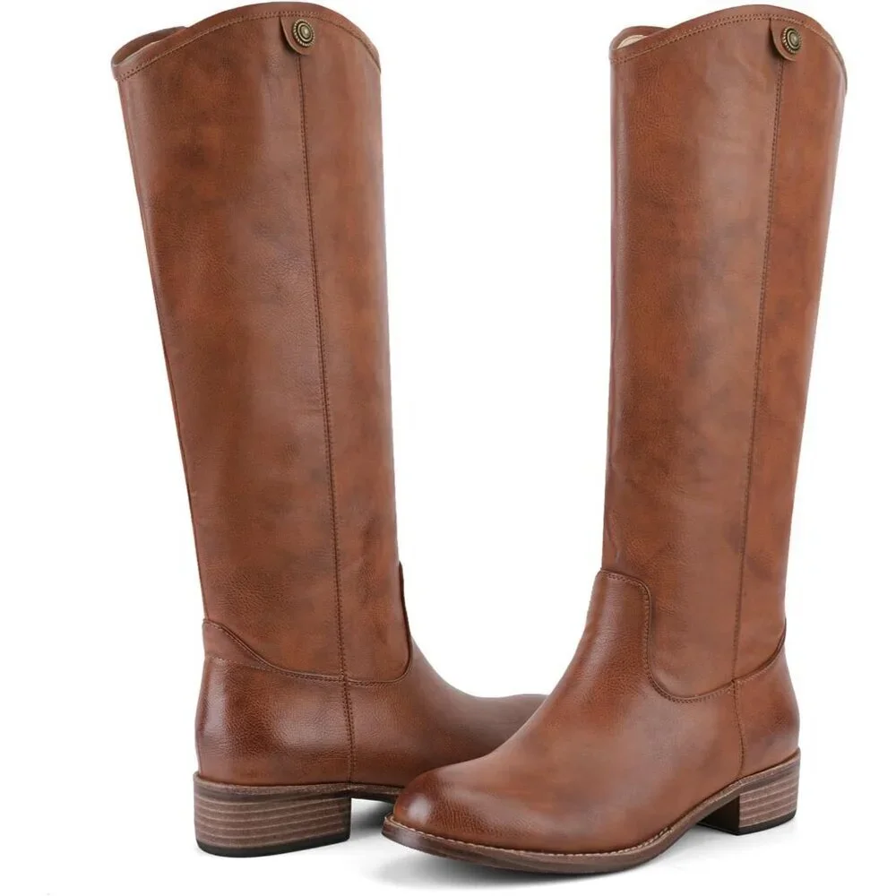 Women's Cognac Round Toe Chunky Heel Faux Suede Tall Knee High Boots Rubber